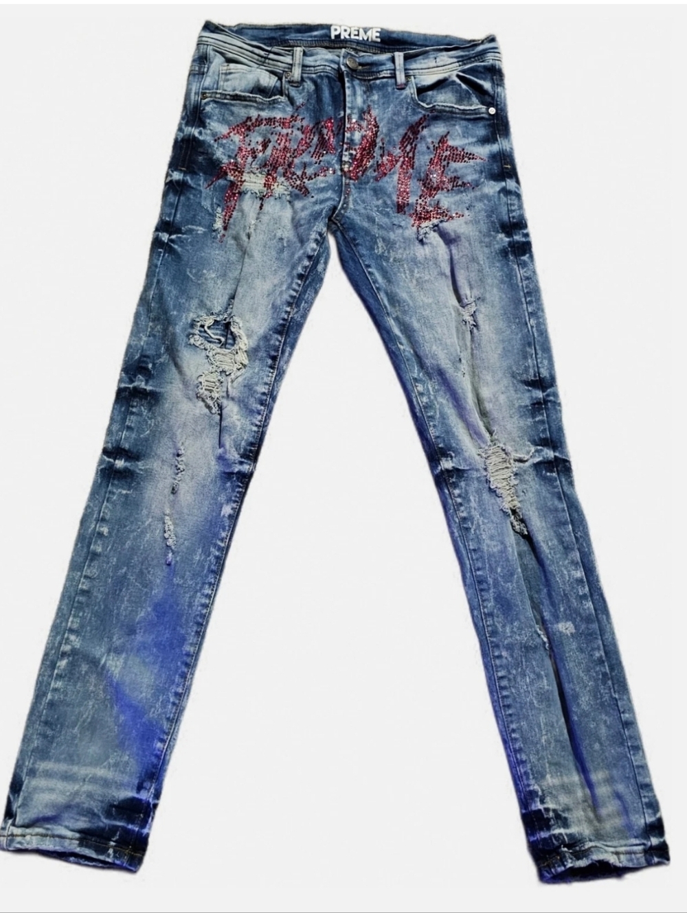Preme Jeans Y2k Skinny Mens 32x32 Blue Punk Trashed Distressed Grunge Hippie